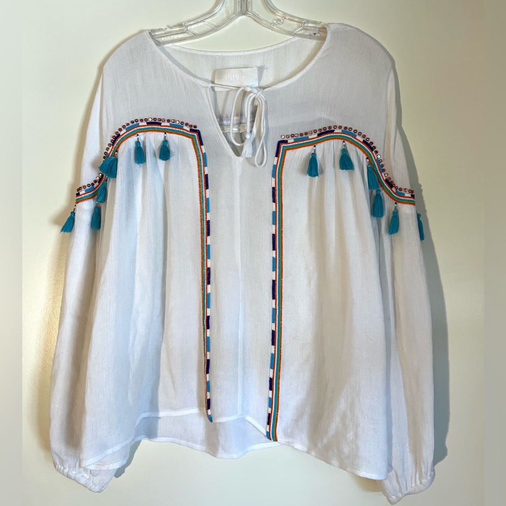 PIPER by Townsen white beaded blouse coverup tassels medium